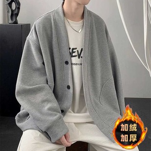 卫衣日系潮牌情侣休闲夹克 宽松V领开衫 华夫格针外套男秋冬季 美式