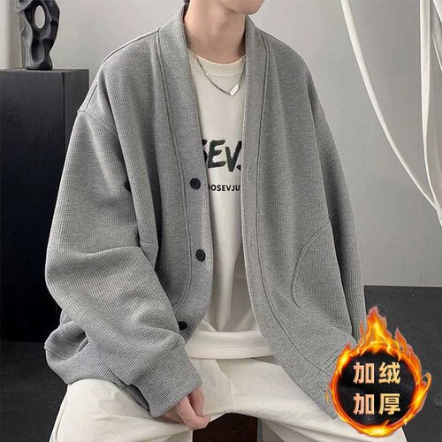 华夫格针外套男秋冬季美式宽松V领开衫卫衣日系潮牌情侣休闲夹克