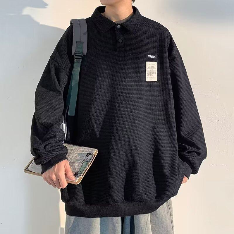 日系复古男士华夫格卫衣秋季潮牌宽松polo衫大码翻领休闲长袖t恤,男装,卫衣,淘宝优惠券,粉丝福利购,淘宝优惠卷