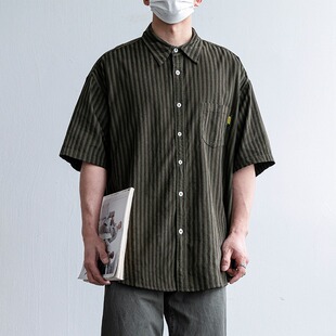 夏季日系复古穿搭整套原宿风条纹短袖衬衫男生宽松男友风工装ins
