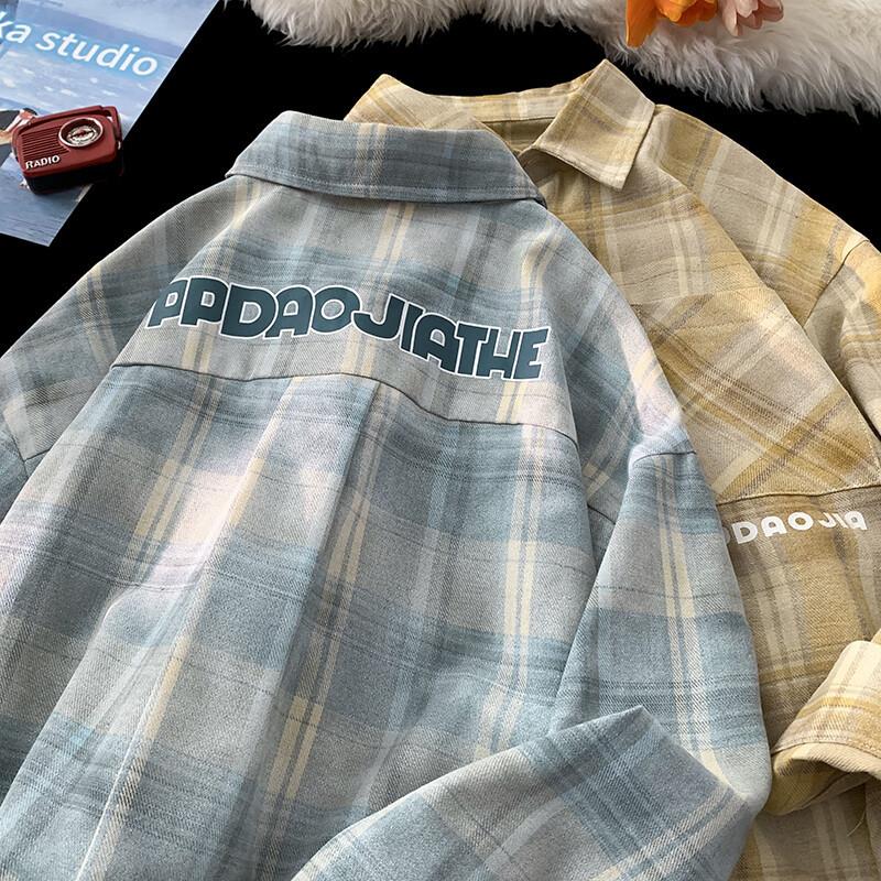 2024年新款秋季字母印花格子衬衫男大码宽松长袖衬衣外套复古美式