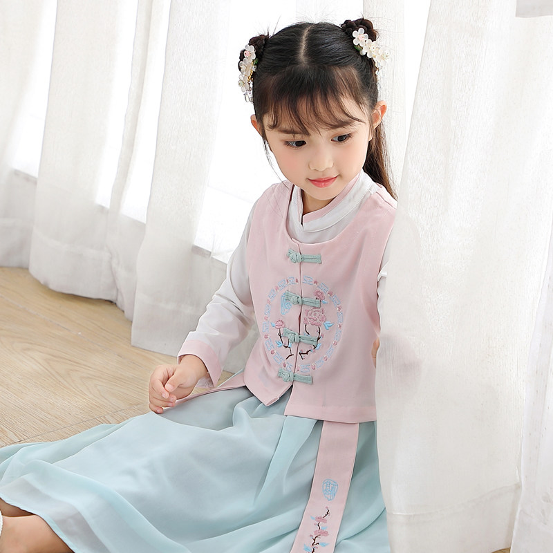 女童汉服春秋襦裙中国风刺绣裙子儿童古装超仙宝宝齐胸汉服女童装