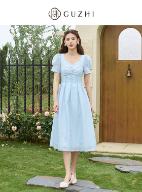 固执夏季新款法式气质方领泡泡短袖高腰连衣裙30432LQ08179