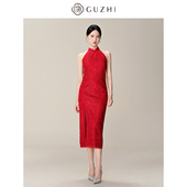 固执夏季 高腰旗袍中长连衣裙女 气质蕾丝挂脖无袖 新款 新中式