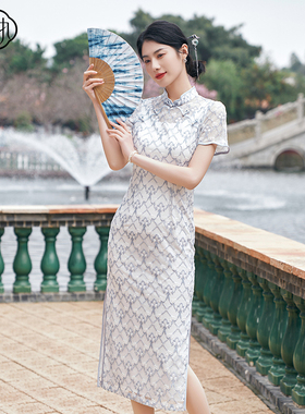 固执夏季新款中式蕾丝刺绣短袖中长款旗袍连衣裙32442QP09142
