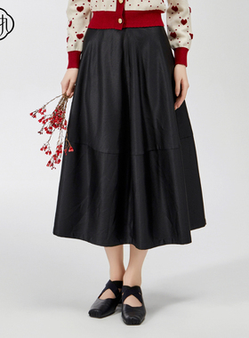 固执春季新款学院风百搭黑色高腰中长a字半身裙00041BQ08802