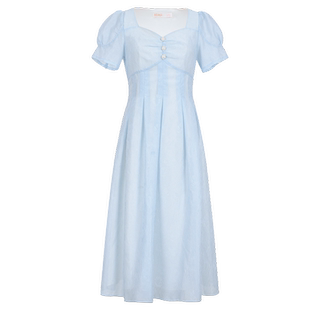 固执夏季新款法式气质方领泡泡短袖高腰连衣裙30432LQ08179