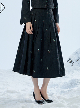 固执秋季新款中式刺绣百褶中长款半身裙00033BQ08337