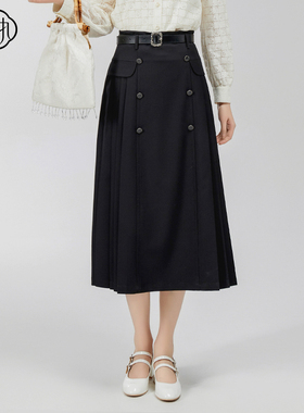 固执春季新款学院风排扣腰带百褶黑色a字半身裙00041BQ08789