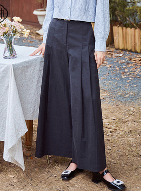 固执秋季新款学院风纯色活褶高腰休闲阔腿长裤00033KZ08569