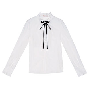 固执春新款复古百搭泡泡袖立领长袖蝴蝶结衬衫女10831CS07772