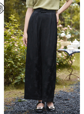 固执秋季新款新中式高腰提花显瘦黑色直筒阔脚裤00033KZ08364