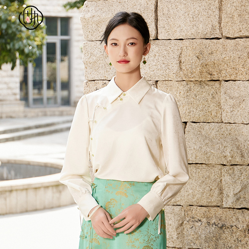 固执气质长袖提花新中式衬衫女图片
