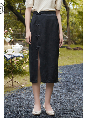 固执秋季新款新中式提花流苏开叉a字中长半身裙00033BQ08236