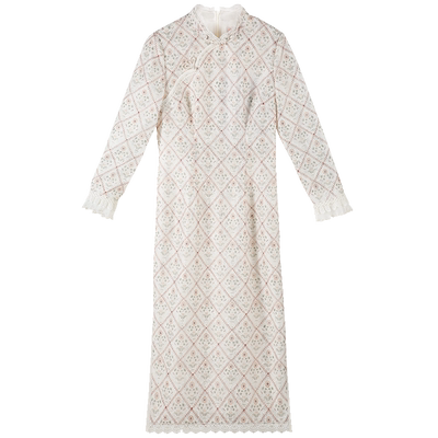 固执春季新款中国风蕾丝格子长袖旗袍中长连衣裙80531QP07926