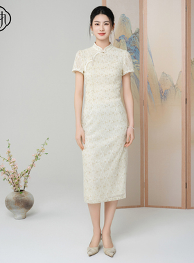 固执夏季新款中式立领盘扣钉珠蕾丝短袖改良旗袍80142QP09119