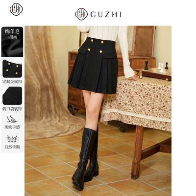 固执冬季新款复古学院高腰百褶黑短裙a字半身裙00034BQ08505
