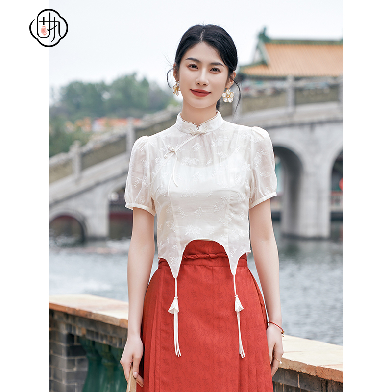 中式气质钉珠立领流苏  短款泡泡袖上衣女装