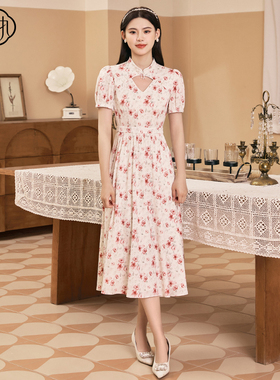 固执夏季新款中式镂空钉珠印花泡泡袖短袖连衣裙80132LQ08196