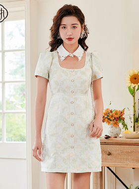 固执夏季新款复古学院风翻领提花短袖短款连衣裙42632LQ07964
