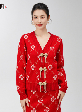 固执2025春季新款中式v领盘扣流苏长袖针织毛衣外套20041MY08924