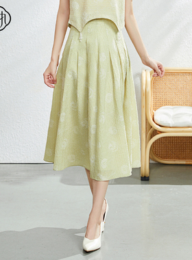 固执夏季新款中式复古提花百褶中长款半身a字裙40932BQ08125