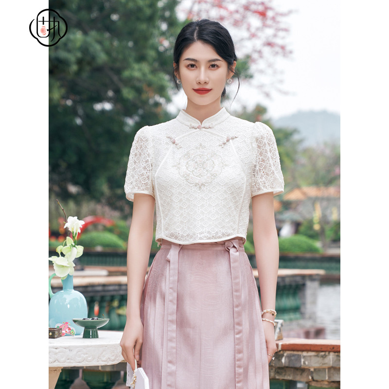 固执新中式泡泡袖蕾丝衫女装