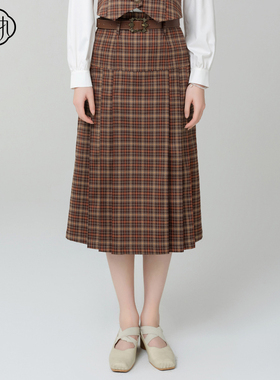 固执春季新款学院风腰带格子百褶高腰a字半身裙24941BQ08935