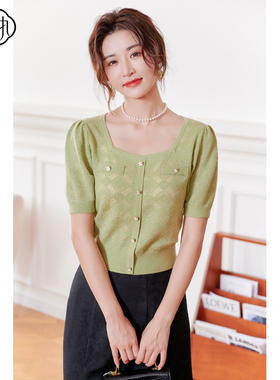 固执夏季新款法式复古方领短袖泡泡袖针织衫43132MY08099