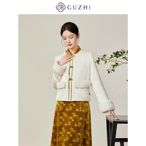 固执2025冬季新款中式圆领提花毛绒口袋鸭绒短款羽绒服外套女装