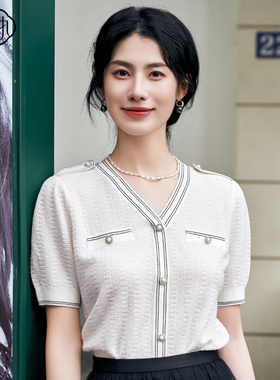 固执夏季新款v领套头小香风针织衫泡泡袖上衣女10842MY09287