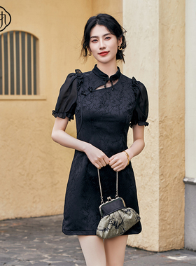 固执夏季新款中式泡泡短袖气质提花短旗袍连衣裙00042QP09095