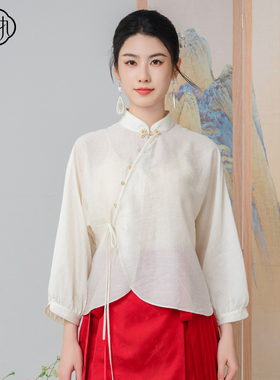 固执夏季新款新中式立领盘扣提花泡泡袖长袖小衫80141SY08897