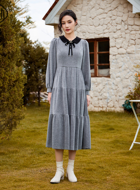 固执秋季新款复古学院风娃娃领泡泡袖长袖连衣裙90034LQ08655