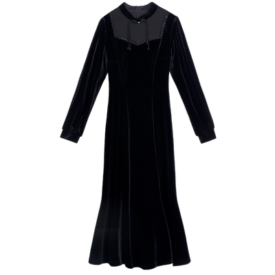 固执春新款中式复古拼接丝绒改良中长旗袍裙子00031LQ07759