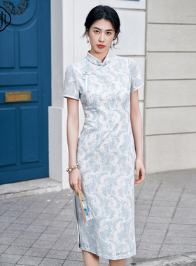 固执夏季新款中式立领盘扣短袖蕾丝改良修身旗袍32442QP09109