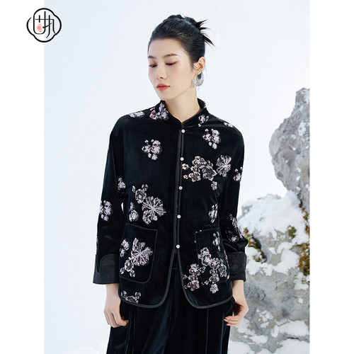 固执中式丝绒立领亮片短款外套女