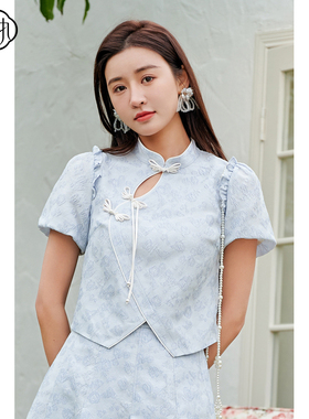 固执夏季新款新中式盘扣镂空提花短袖泡泡袖小衫32432XS08077