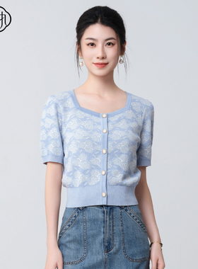 固执夏季新款气质方领提花泡泡短袖薄短款针织衫30042MY09187