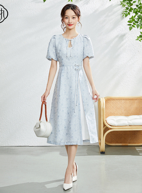 固执夏季新款新中式圆领泡泡袖提花短袖连衣裙32432LQ08201