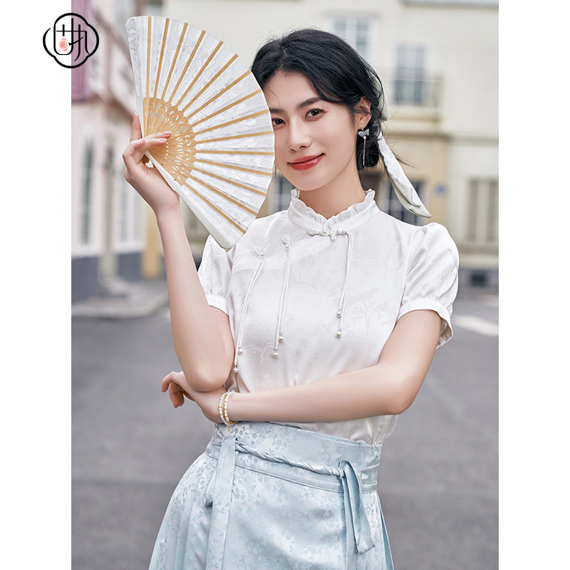 中式复古立领衬衫女 流苏吊坠荷叶短袖上衣