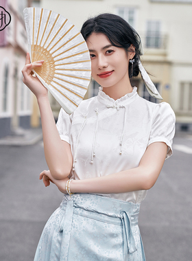 固执夏季新款新中式盘扣泡泡袖提花短袖衬衫10842SY09292