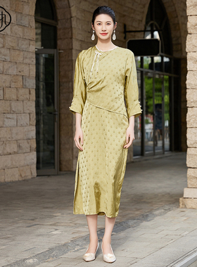 固执秋季新款新中式圆领提花假两件中长款连衣裙40033LQ08271
