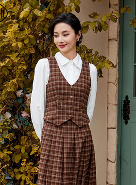 固执秋季新款学院风v领格子百搭无袖马夹短外套90233MJ08537