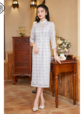 固执秋季新款中式立领中袖蕾丝碎花修身改良旗袍30033QP08280