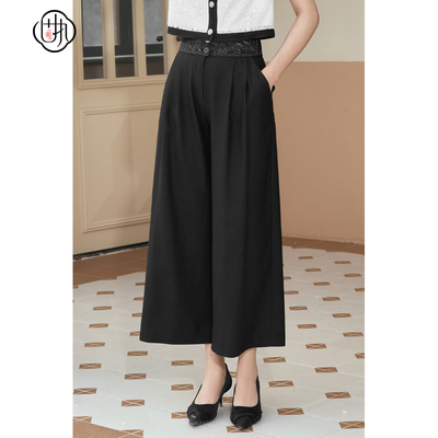 固执夏季新款通勤复古高腰黑色刺绣阔腿裤九分裤00032KZ08190