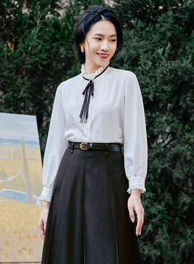 固执春季新款复古立领泡泡袖长袖蝴蝶结衬衫女10831CS07785