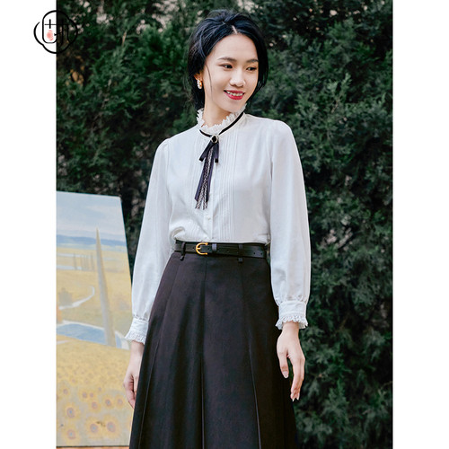复古长袖立领衬衫女 百搭蝴蝶结泡泡袖上衣