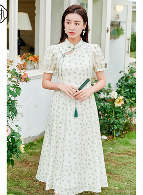 固执夏季新款中式立领盘扣短袖中长款碎花连衣裙80132LQ07895