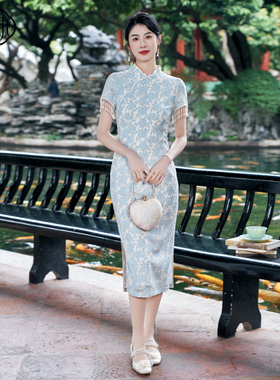 固执夏季新款中国风短袖流苏蕾丝气质旗袍连衣裙42642QP09127